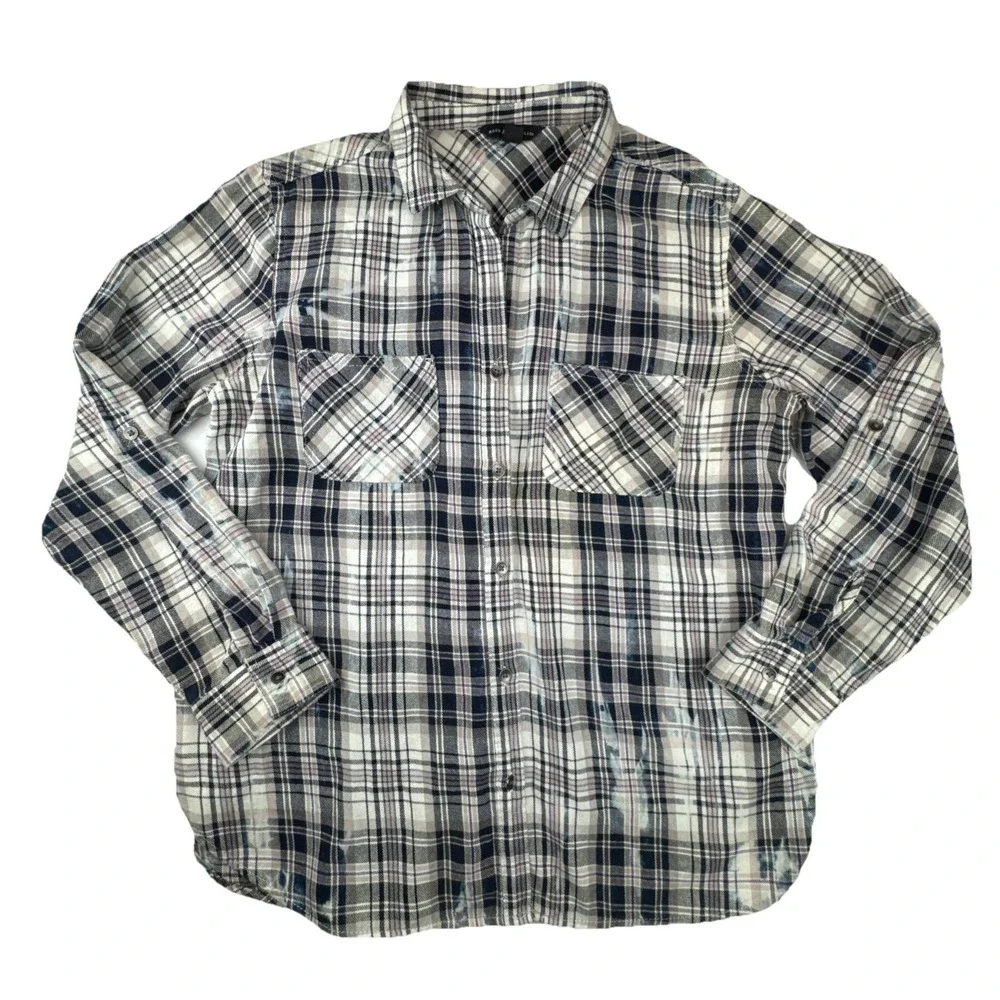 Distressed Bleached Plaid Button Down Shirt Rock & Republic Purple Black Large